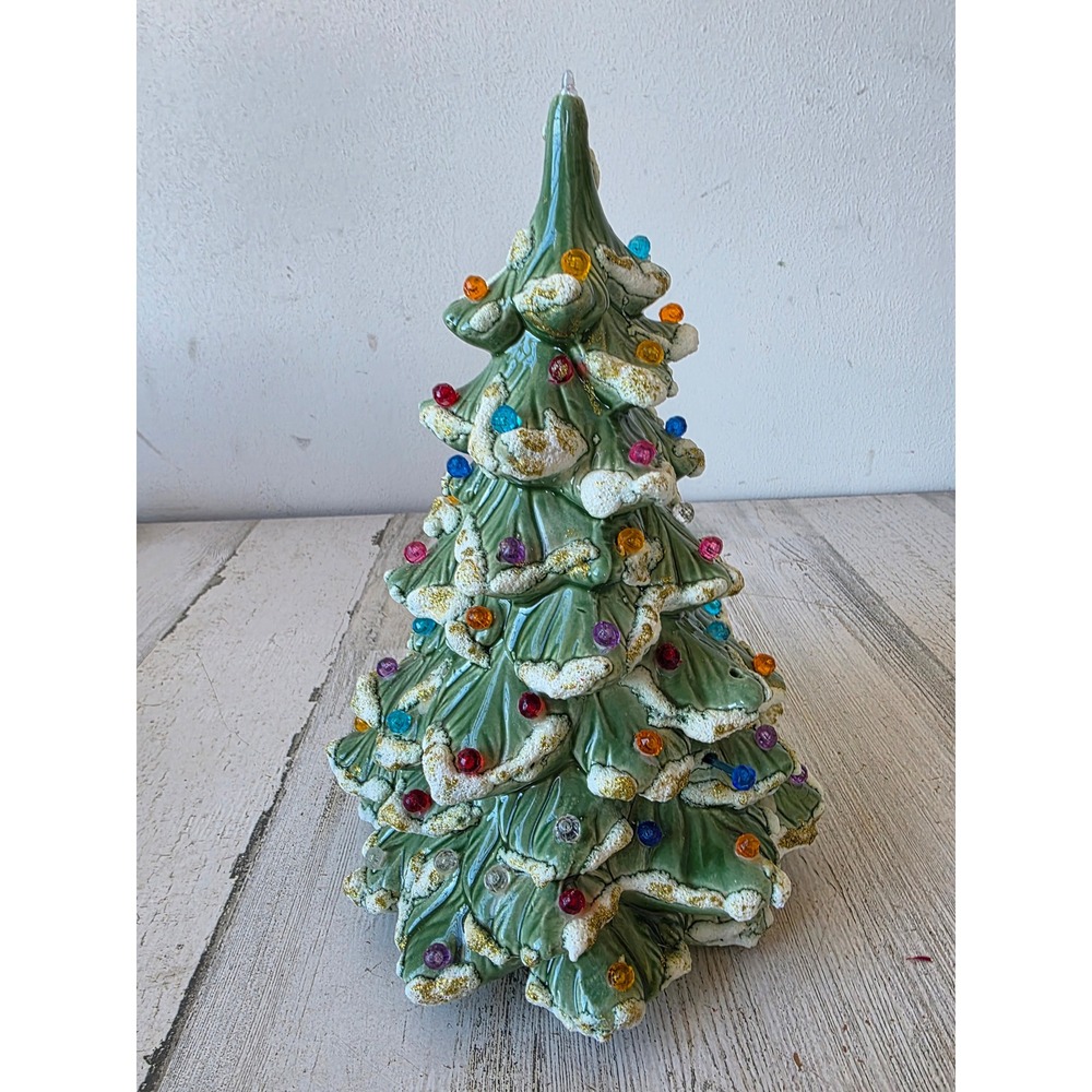 Vintage table top 10" ceramic Xmas tree snow covered green frosted white gold